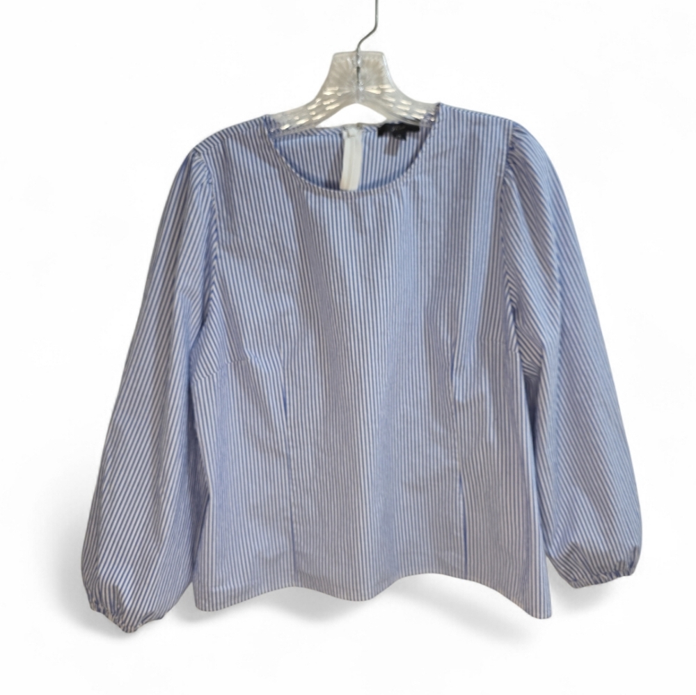 J. Crew  Cotton 3/4 Puff Sleeve Blue Stripe Poplin Top Blue White Size 14